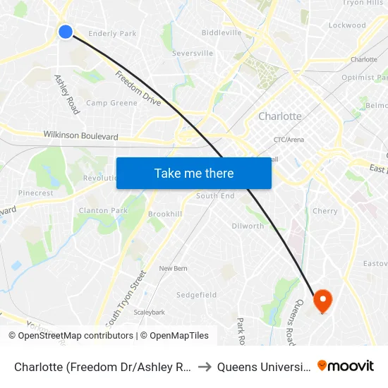 Charlotte (Freedom Dr/Ashley Rd) to Queens University map