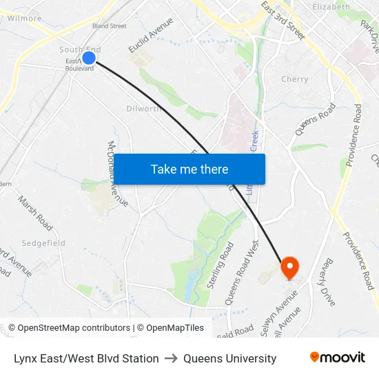 Lynx East/West Blvd Station to Queens University map