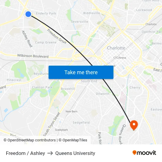 Freedom / Ashley to Queens University map