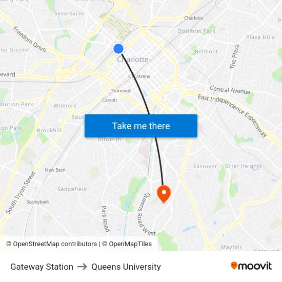 Gateway Station to Queens University map