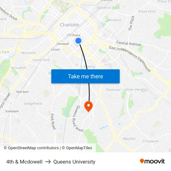 4th & Mcdowell to Queens University map