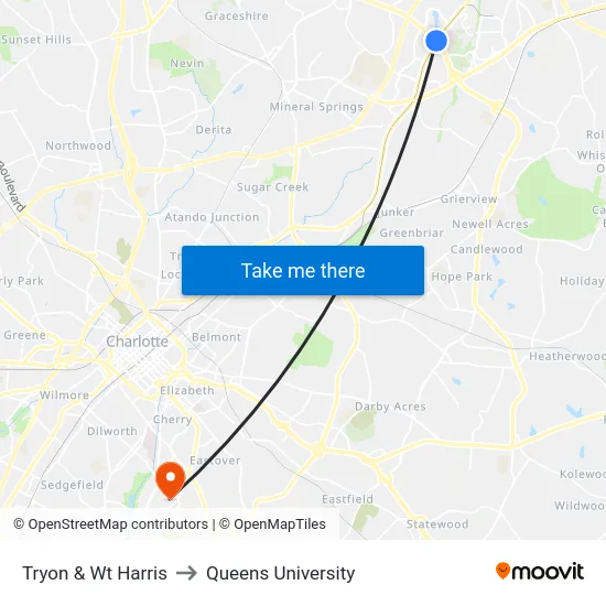 Tryon & Wt Harris to Queens University map