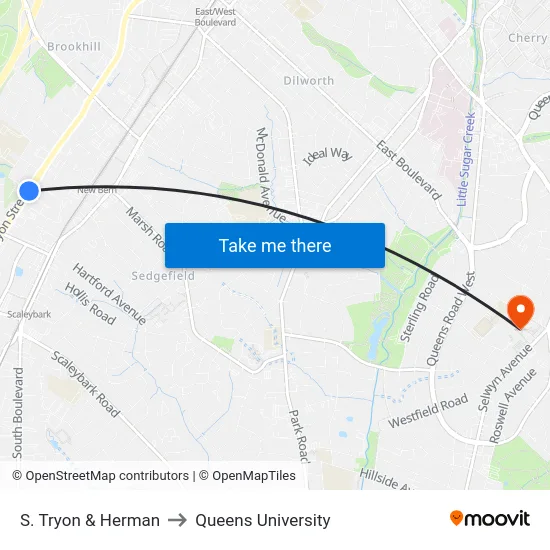 S. Tryon & Herman to Queens University map