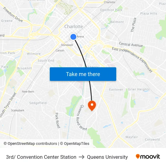 3rd/ Convention Center Station to Queens University map