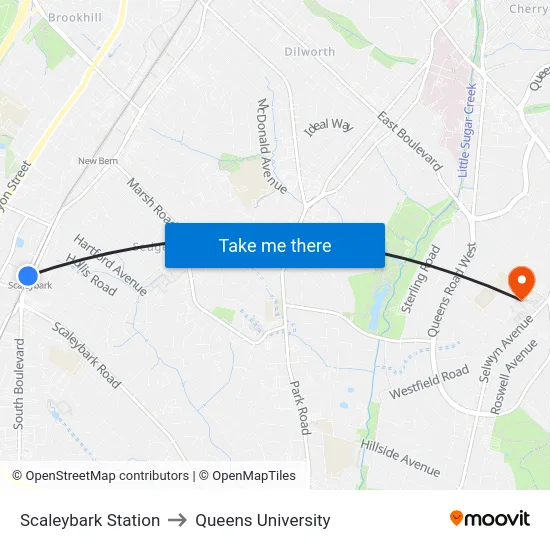 Scaleybark Station to Queens University map