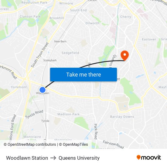 Woodlawn Station to Queens University map