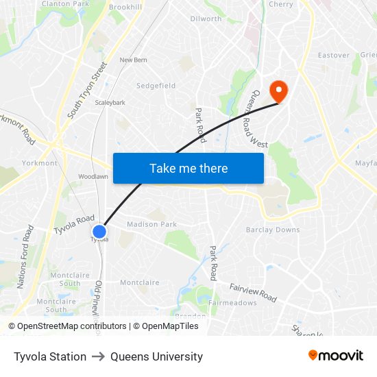 Tyvola Station to Queens University map