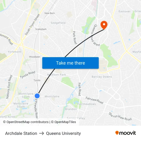 Archdale Station to Queens University map