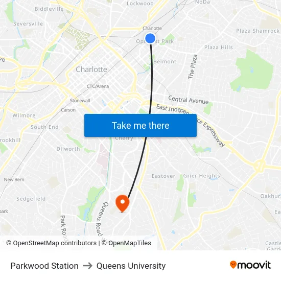 Parkwood Station to Queens University map