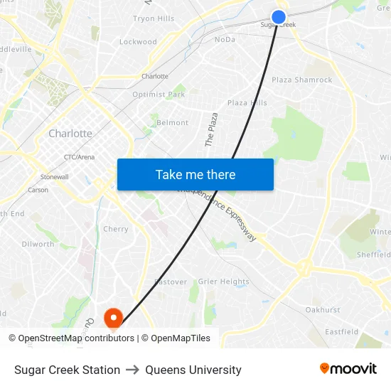 Sugar Creek Station to Queens University map