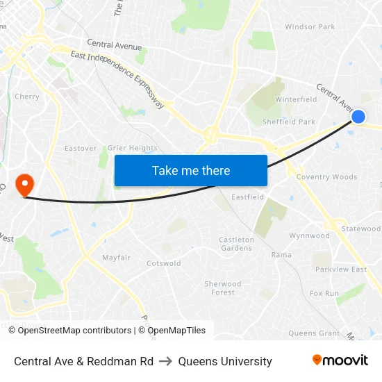 Central Ave & Reddman Rd to Queens University map
