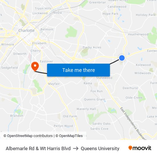 Albemarle Rd & Wt Harris Blvd to Queens University map