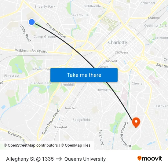 Alleghany St @ 1335 to Queens University map