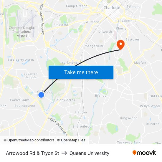 Arrowood Rd & Tryon St to Queens University map