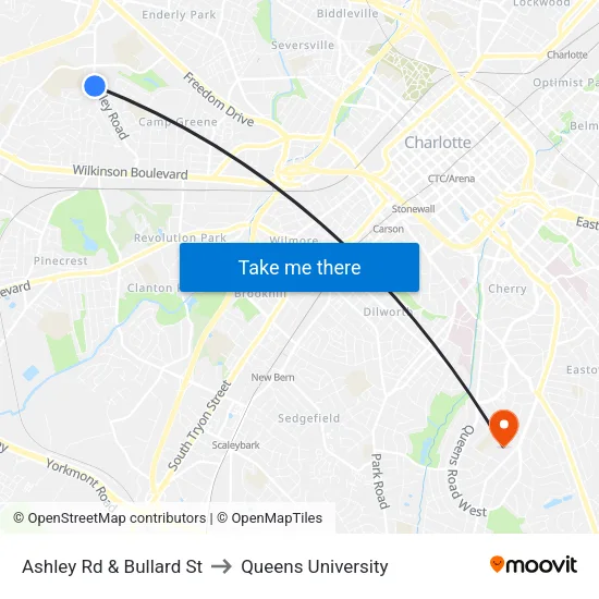 Ashley Rd & Bullard St to Queens University map