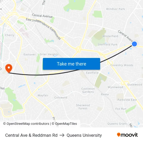 Central Ave & Reddman Rd to Queens University map