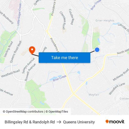 Billingsley Rd & Randolph Rd to Queens University map