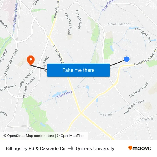 Billingsley Rd & Cascade Cir to Queens University map