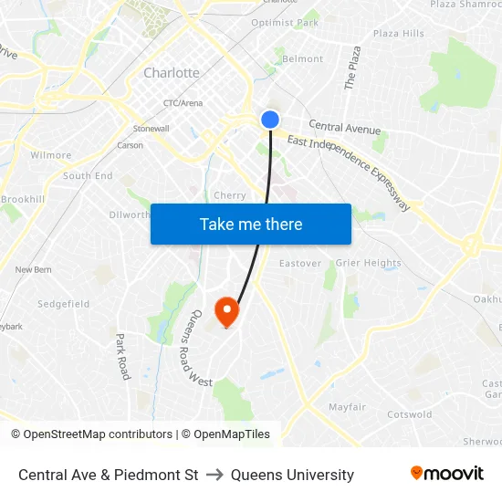Central Ave & Piedmont St to Queens University map