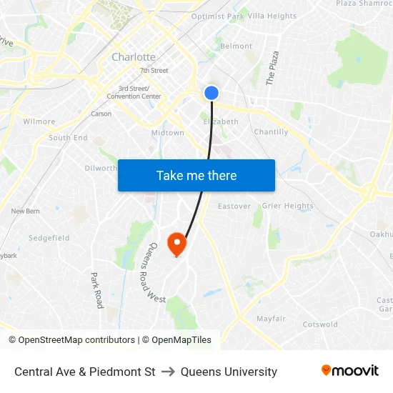 Central Ave & Piedmont St to Queens University map