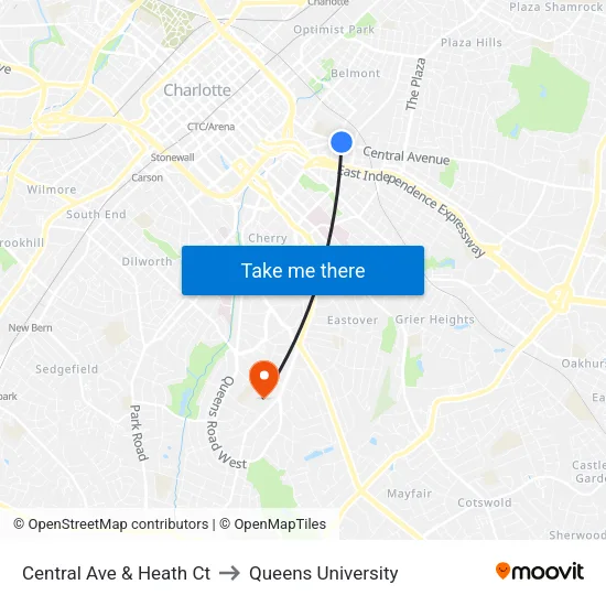 Central Ave & Heath Ct to Queens University map