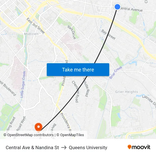 Central Ave & Nandina St to Queens University map