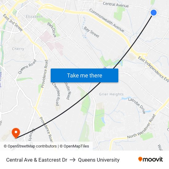 Central Ave & Eastcrest Dr to Queens University map