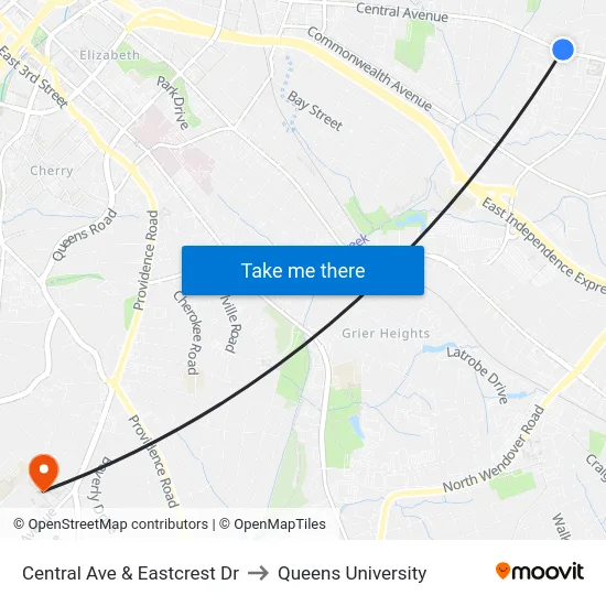 Central Ave & Eastcrest Dr to Queens University map