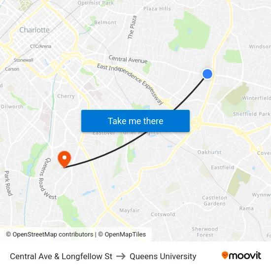 Central Ave & Longfellow St to Queens University map