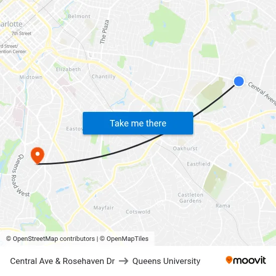 Central Ave & Rosehaven Dr to Queens University map