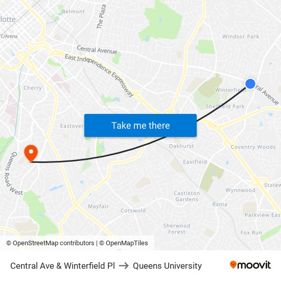 Central Ave & Winterfield Pl to Queens University map