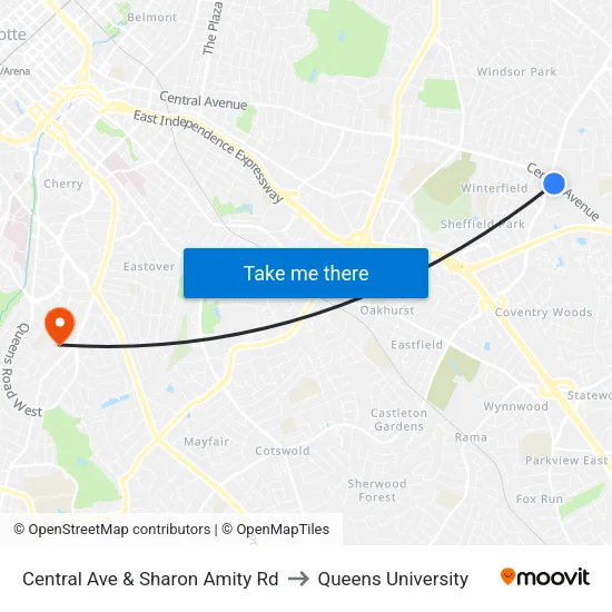 Central Ave & Sharon Amity Rd to Queens University map