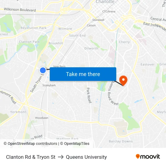 Clanton Rd & Tryon St to Queens University map