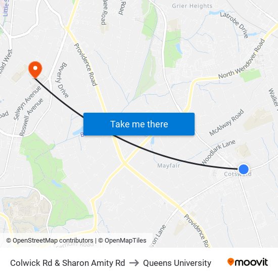 Colwick Rd & Sharon Amity Rd to Queens University map