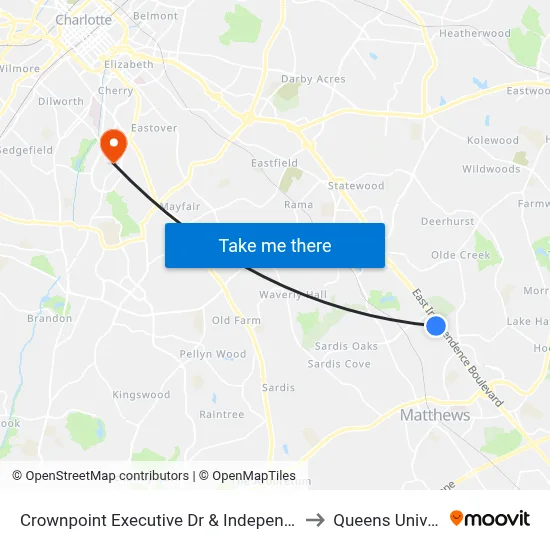 Crownpoint Executive Dr & Independence Blvd to Queens University map