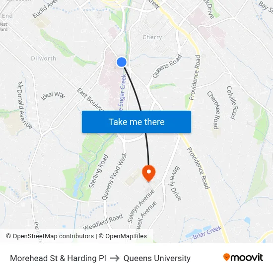 Morehead St & Harding Pl to Queens University map