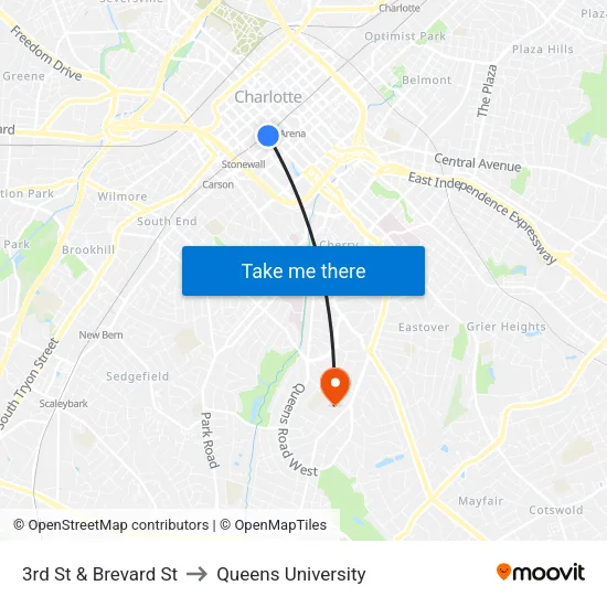 3rd St & Brevard St to Queens University map