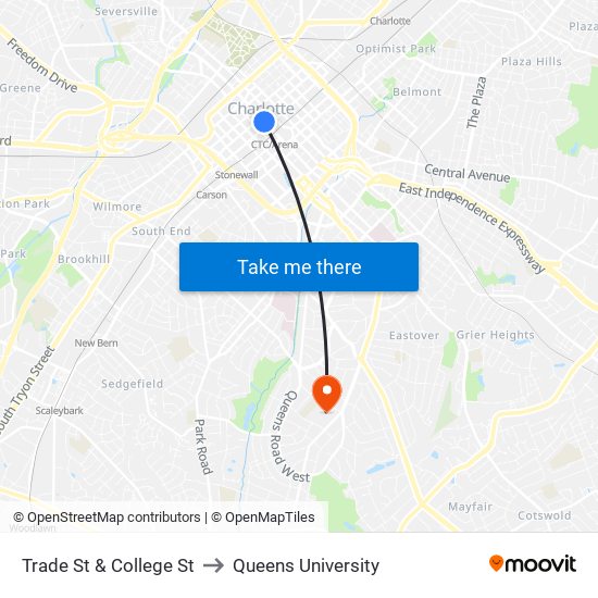 Trade St & College St to Queens University map