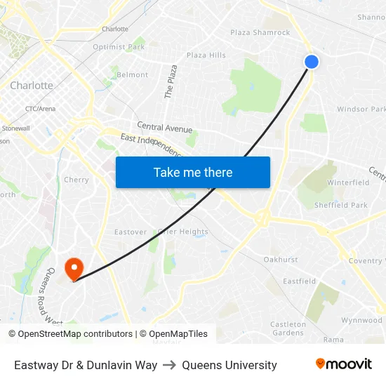 Eastway Dr & Dunlavin Way to Queens University map