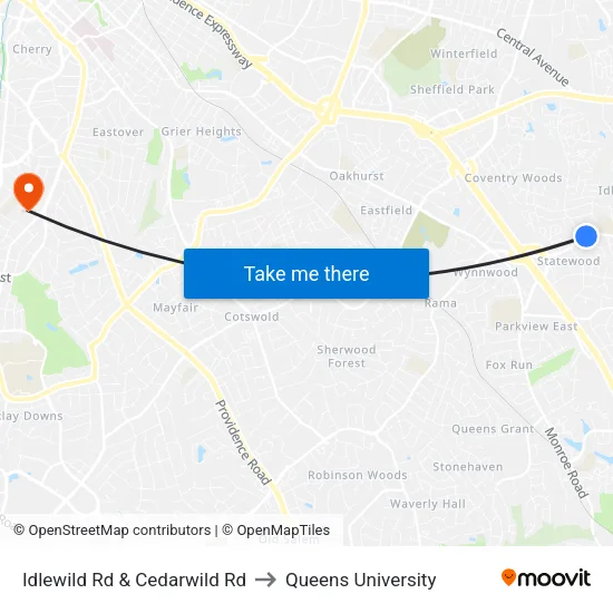 Idlewild Rd & Cedarwild Rd to Queens University map