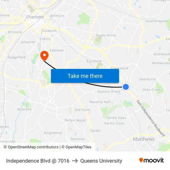 Independence Blvd @ 7016 to Queens University map