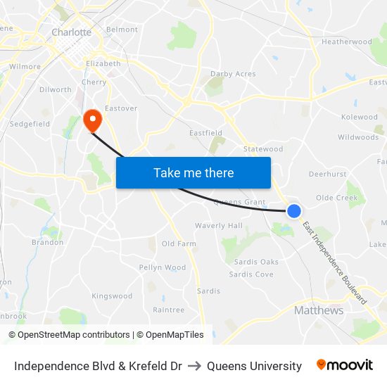 Independence Blvd & Krefeld Dr to Queens University map