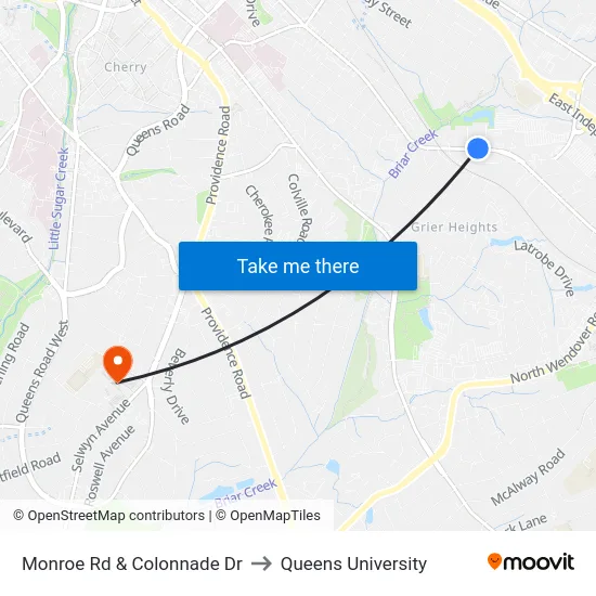 Monroe Rd & Colonnade Dr to Queens University map