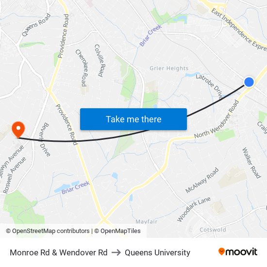 Monroe Rd & Wendover Rd to Queens University map