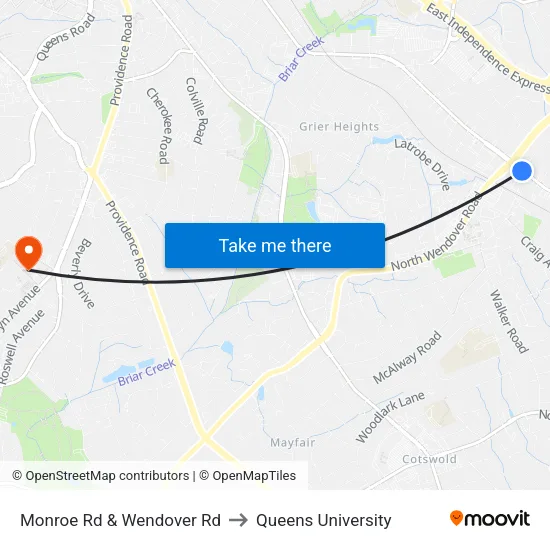 Monroe Rd & Wendover Rd to Queens University map