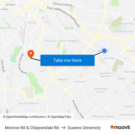 Monroe Rd & Chippendale Rd to Queens University map