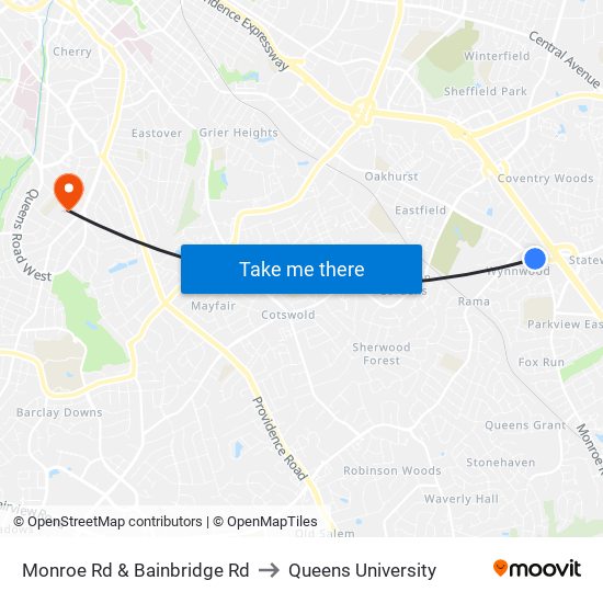 Monroe Rd & Bainbridge Rd to Queens University map