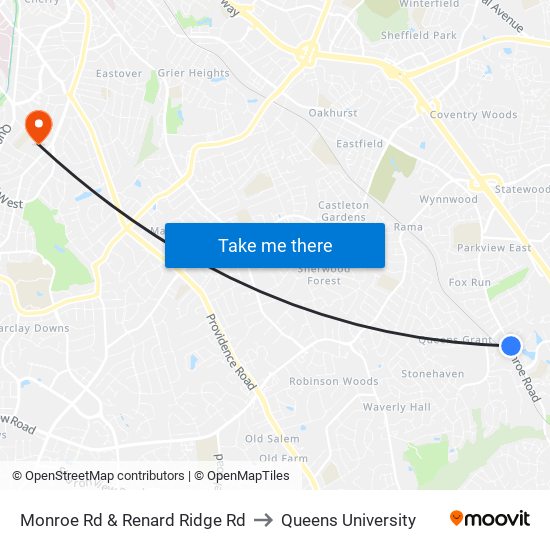 Monroe Rd & Renard Ridge Rd to Queens University map