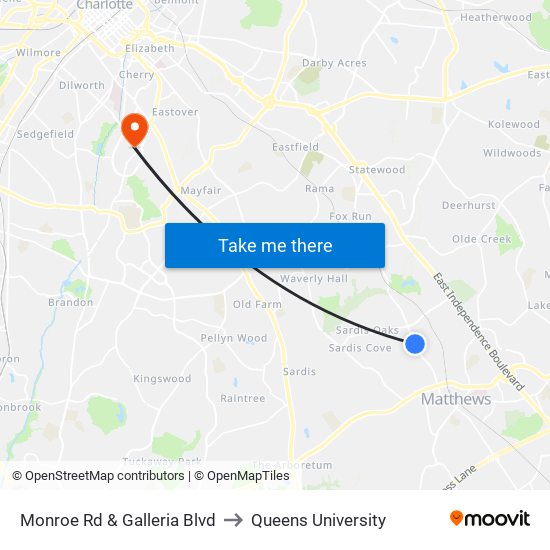 Monroe Rd & Galleria Blvd to Queens University map