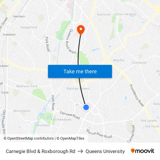 Carnegie Blvd & Roxborough Rd to Queens University map